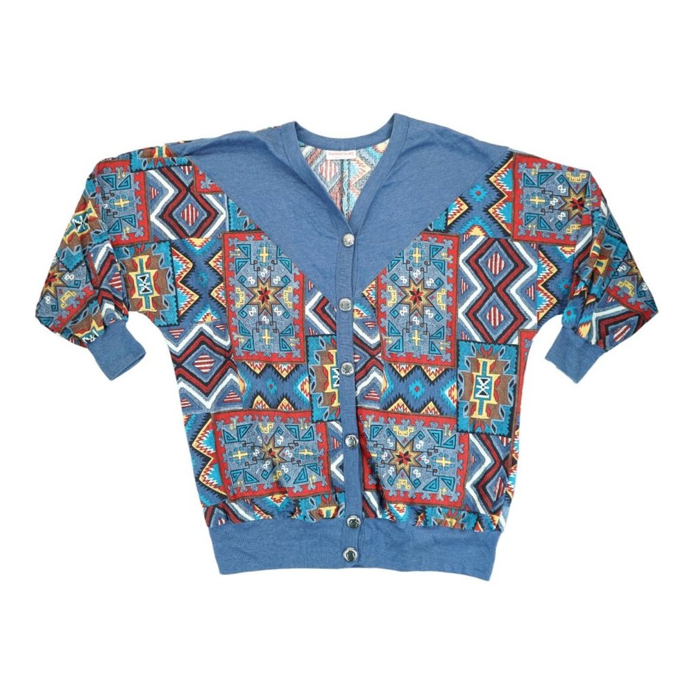 Vintage YOUNG STUFF Blue Southwestern/Aztec Fringe Button-Up‎ Shirt